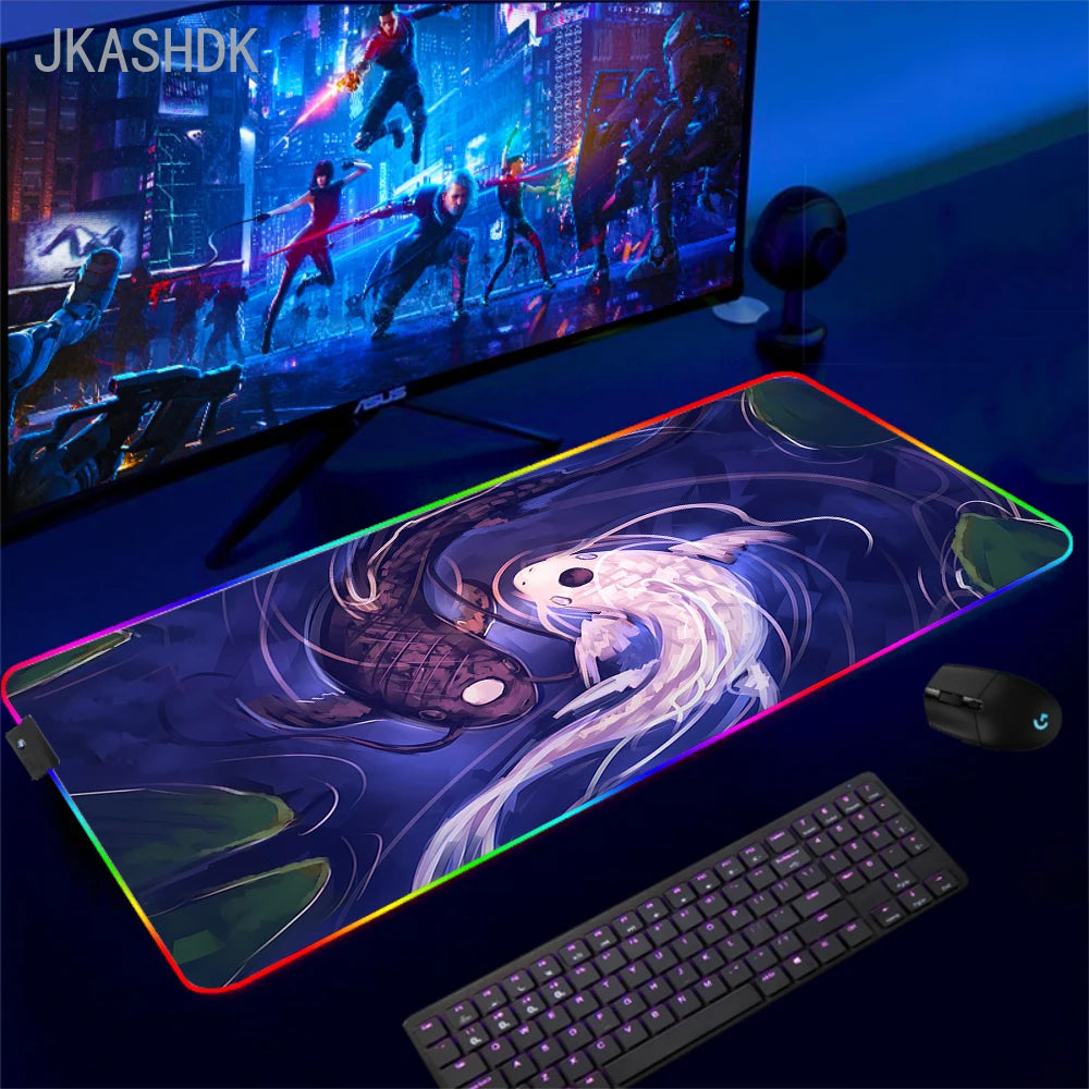 Large RGB Mouse Pad Koi Fish Gaming Mousepad LED Mouse Mat Gamer Mousepads Yin Yang Desk Pads RGB Keyboard Mause Mats XXL 100x50