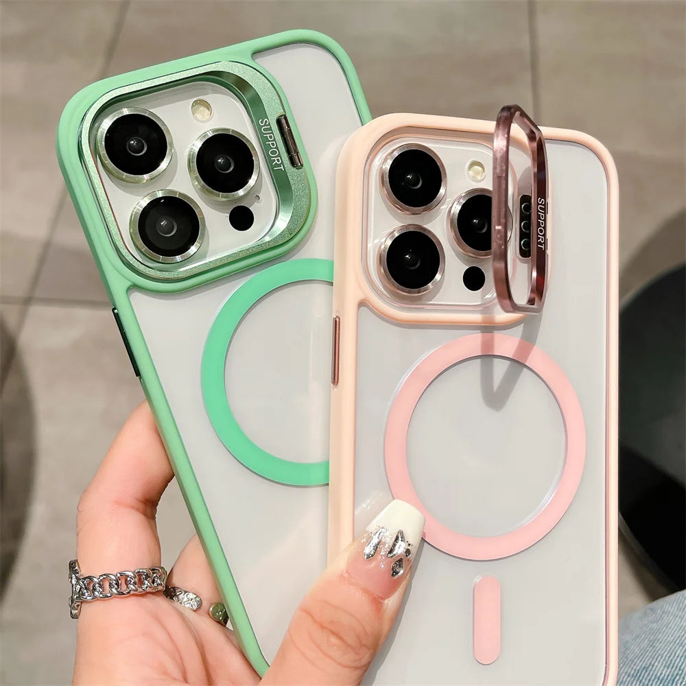 Luxury Magnetic Stand Glass Lens Protection Phone Case For iPhone 17 16 15 14 12 11 Pro Max Plus Magsafe Shockproof cover