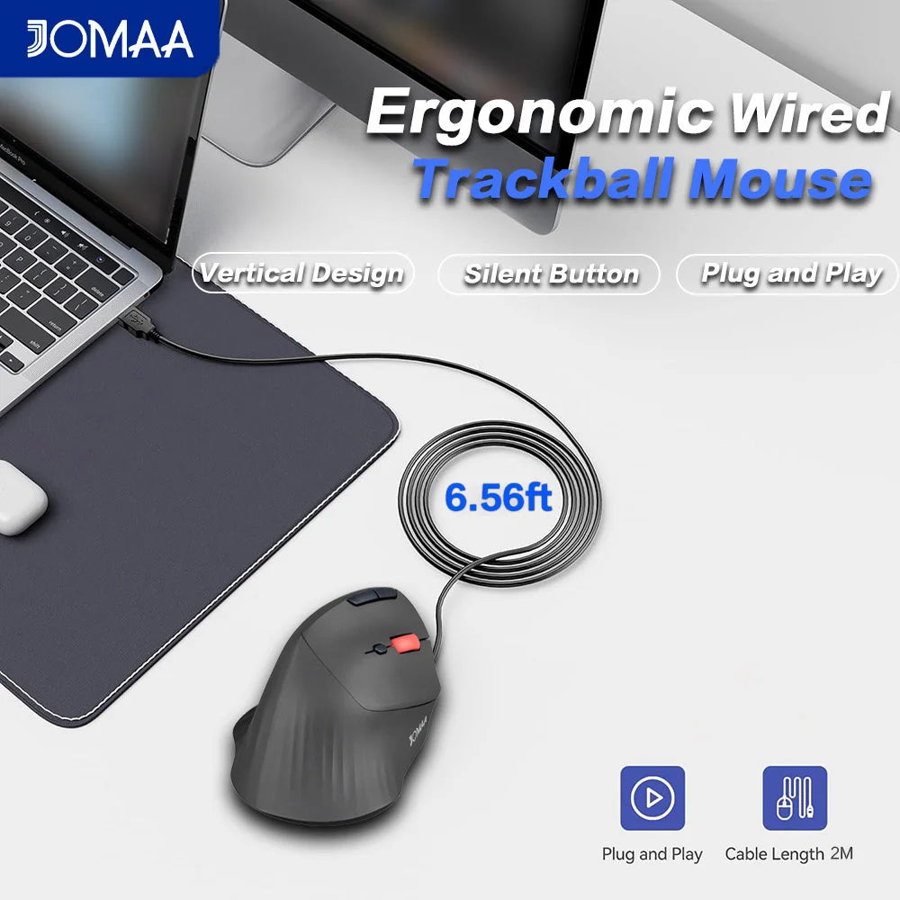 JOMAA Wired Trackball Mouse Vertical Ergonomic Mice Thumb Control Smooth Tracking Roller Ball Tilt Scroll Computer Mouse
