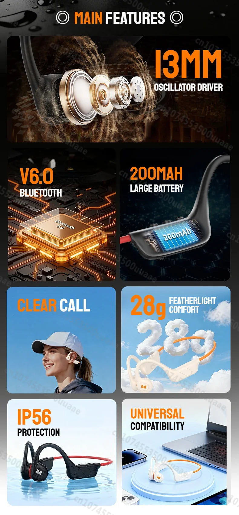 Monster XB01 Bone Conduction Bluetooth 6.0 Headphone HiFi Stereo Wireless Earphones IP56 Dust/Water Resistance Sports Earhook