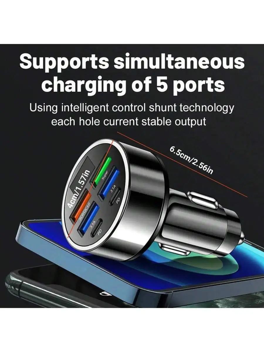 6-In-1 Car Charger With Intelligent Chip 2PD+3USB+QC3.0 Fast Charging For iPhone Android iPad Pro