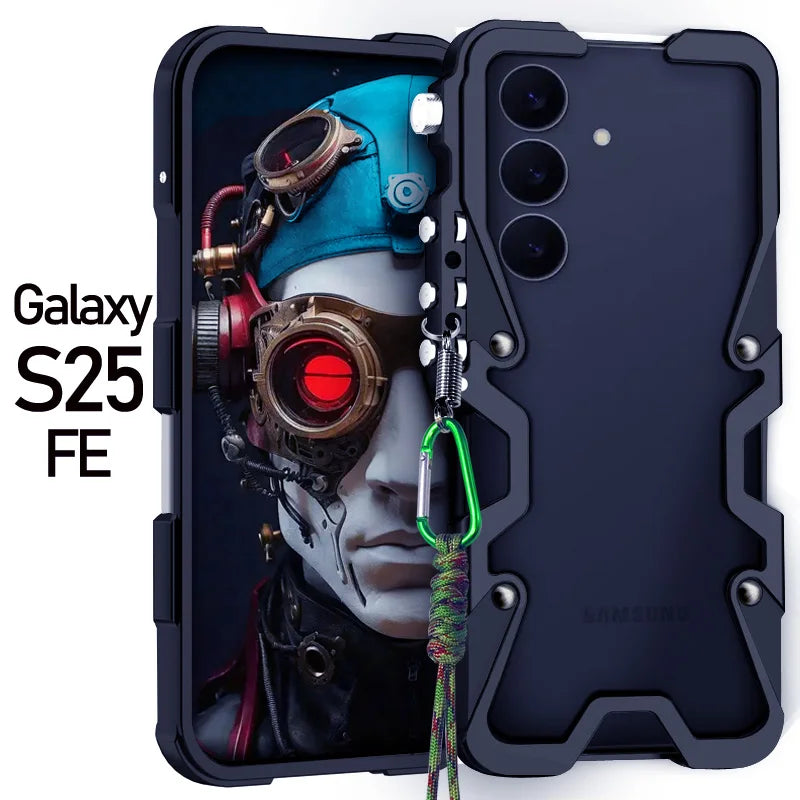 Luxury Armor Metal Aluminum Phone Bumper For Samsung Galaxy S26 S25 S24 Ultra + FE Cover Mechanical Purely Handmade Skull Case