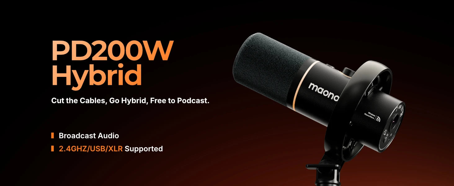 maono PD200W Hybrid Wireless Podcast Mic for PC/Phone/Camera XLR/USB Dynamic Microphone for Streaming Recording Content Creation