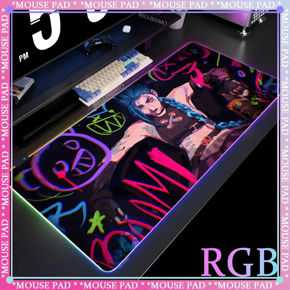 RGB League of Legends MousePad Gamer Jinx Anime Girl LED Game Accessories Keyboard Pad Large Desk mats Rubber Luminous Mouse Pad