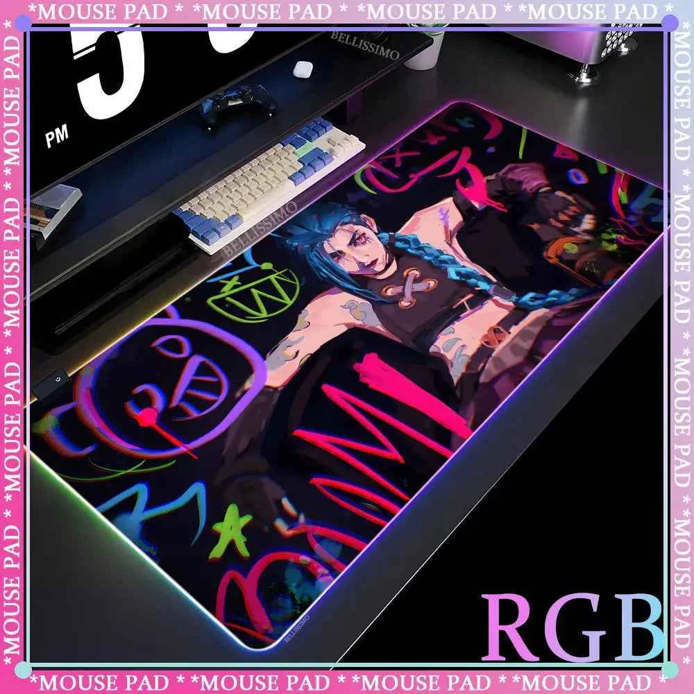 RGB League of Legends MousePad Gamer Jinx Anime Girl LED Game Accessories Keyboard Pad Large Desk mats Rubber Luminous Mouse Pad
