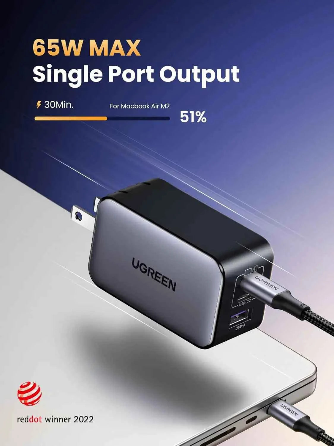 65W GaN USB C Wall Charger, 3-Port Compact Foldable Fast Charger for iPhone, Galaxy, Pixel, MacBook, iPad Pro (Black)