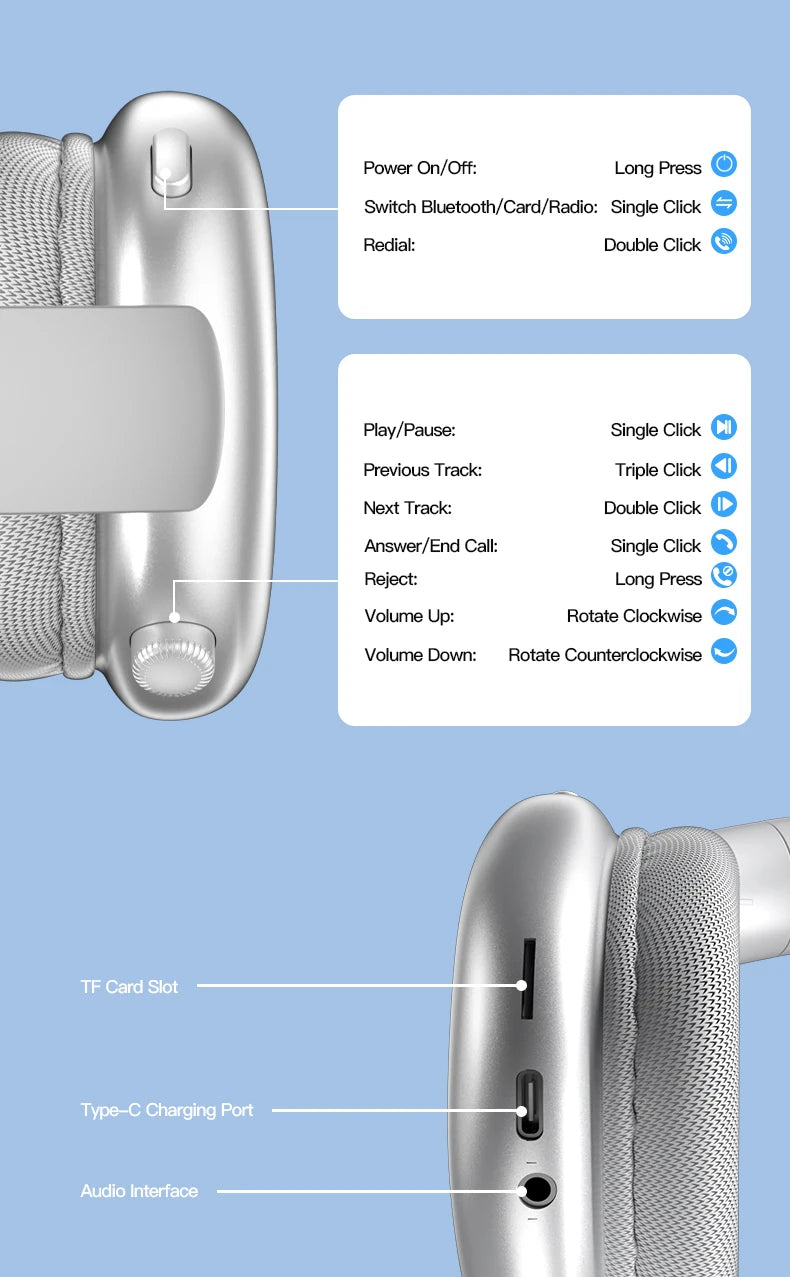 Wireless Bluetooth Headphones Over-Ear, Hi-Res Audio, Sport Headphone, Foldable Stereo, Travel Headphones, Silver