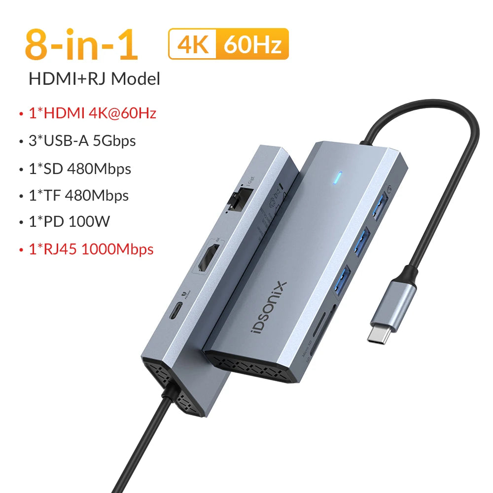 iDsonix Type C USB 3.0 HUB 15 in 1 Docking Station Multiport Adapter with HDMI 4K@60Hz PD100W Gigabit Ethernet SD/TF Card Reader