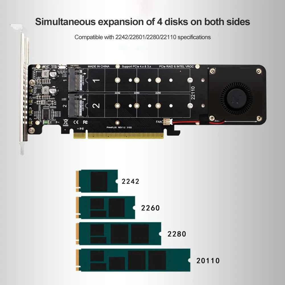 PCI Express 4.0 X16 to 4 Port NVME RAID Card Adapter Card M Key 4 NVME 4x32Gbps M2 NVME Expansion Card for 2280/2260/2242/2230