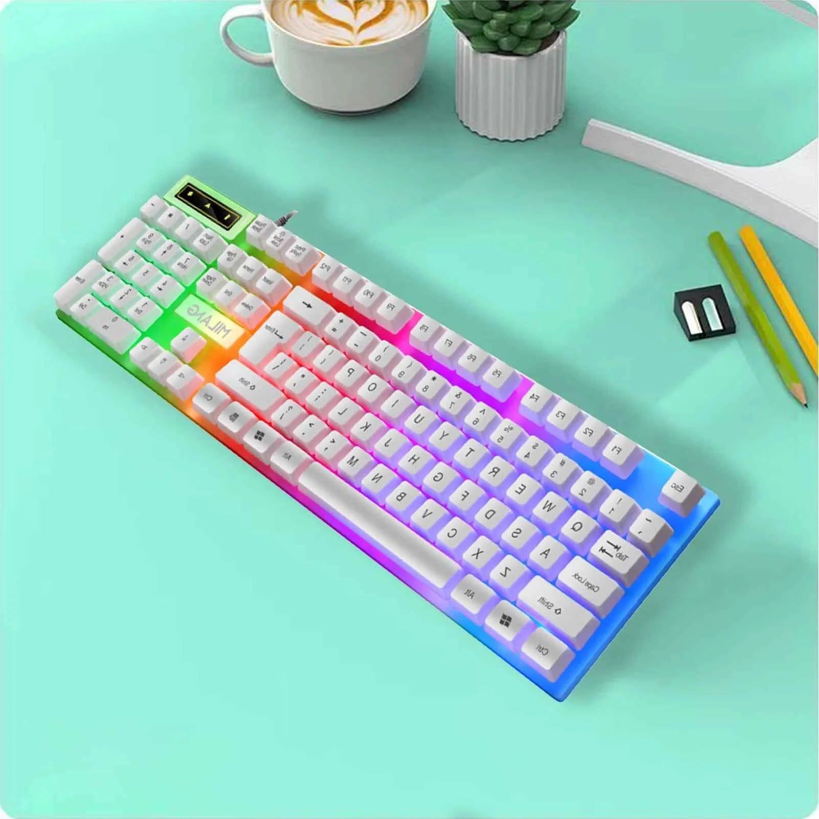 Full Sized Wired Gaming Keyboard and Wired Mouse Combination, with Rainbow LED, Wired USB Connection, Silent Keyboard, Ergonomic Wrist Support, Highly Sensitive Mouse, Suitable for Gamers, Students, and Office Professionals,