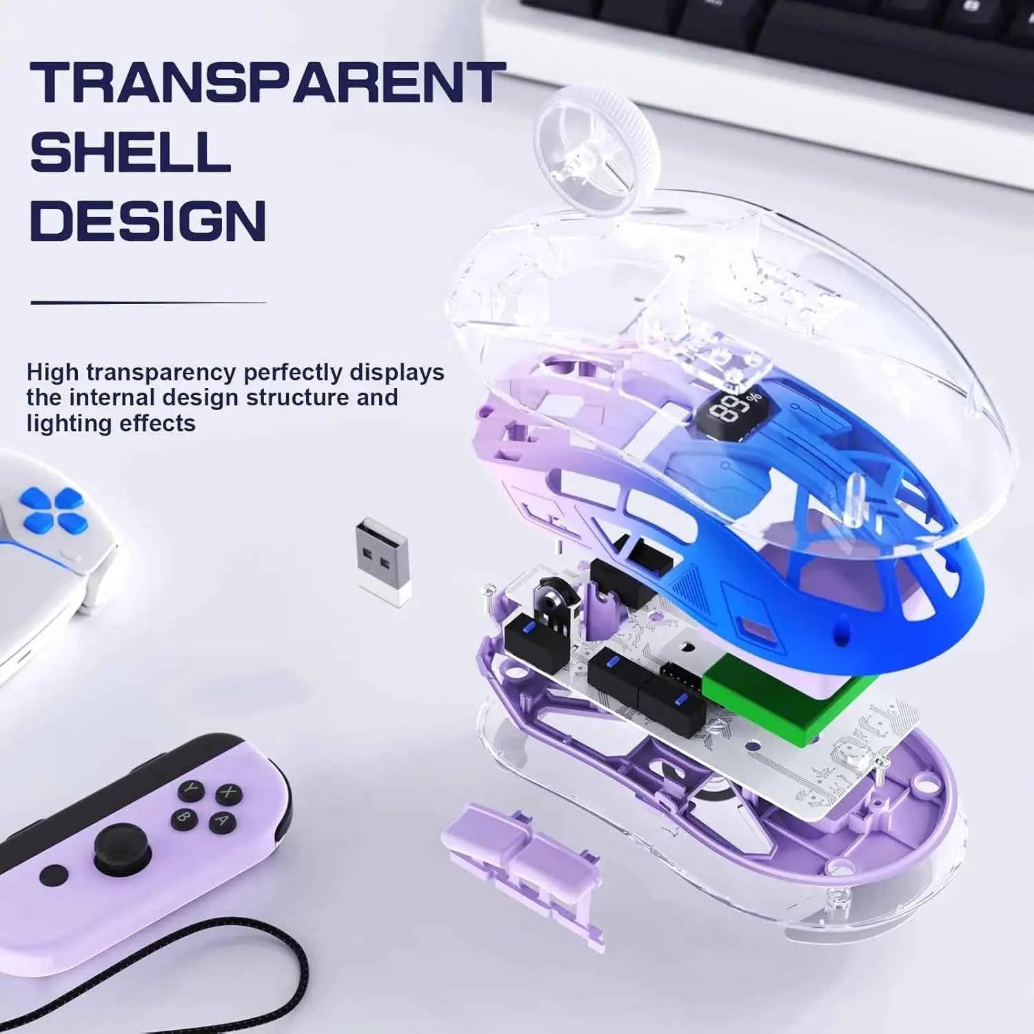 A2 Transparent Wireless Gaming Mouse, BT 5.0/2.4G PC Rechargeable RGB Mice with Digital Screen,PixArt 3212, 5 Adjustable DPI