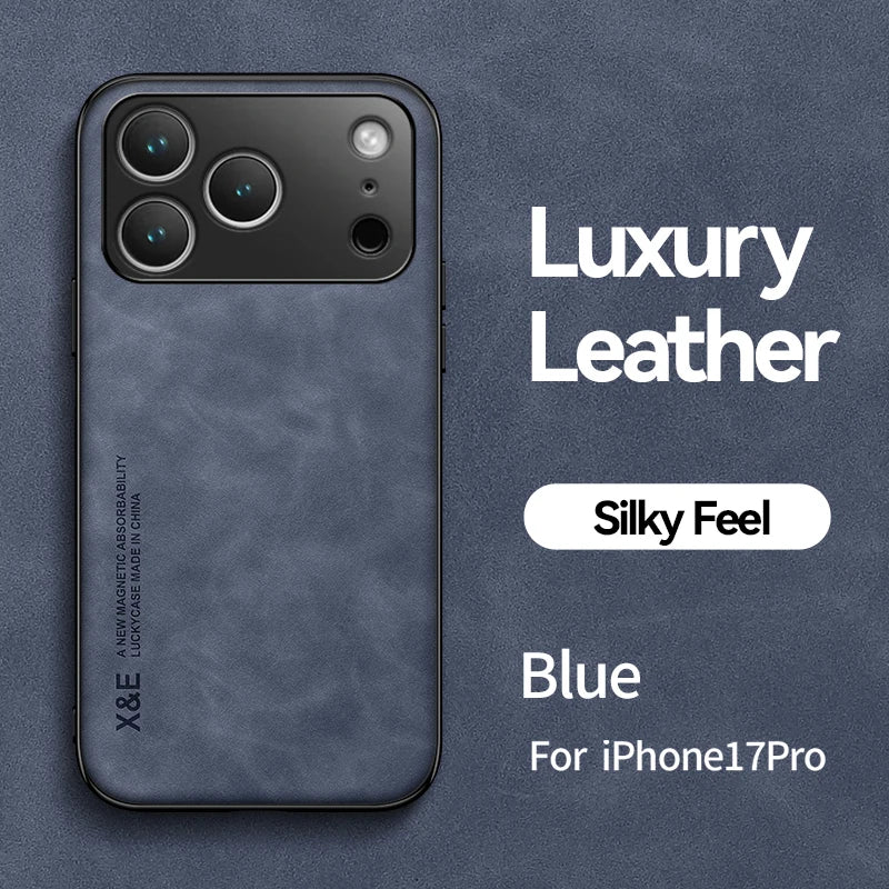 Luxury Leather Case For iPhone 17 16 15 14 13 12 11 Pro Max Plus 13 12 Mini 17 Air 16E Cover With Metal Plate Support Car Hold