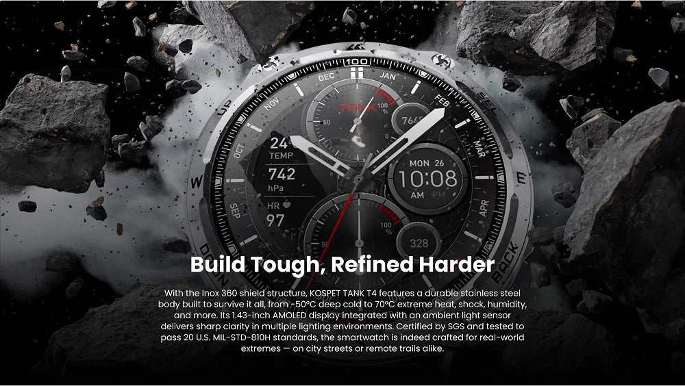 KOSPET Tank T4 Smart Watch for Men 6-Sat GPS Offline Maps 10ATM Waterproof Heart Rate Diving Skiing Hiking for Android iOS