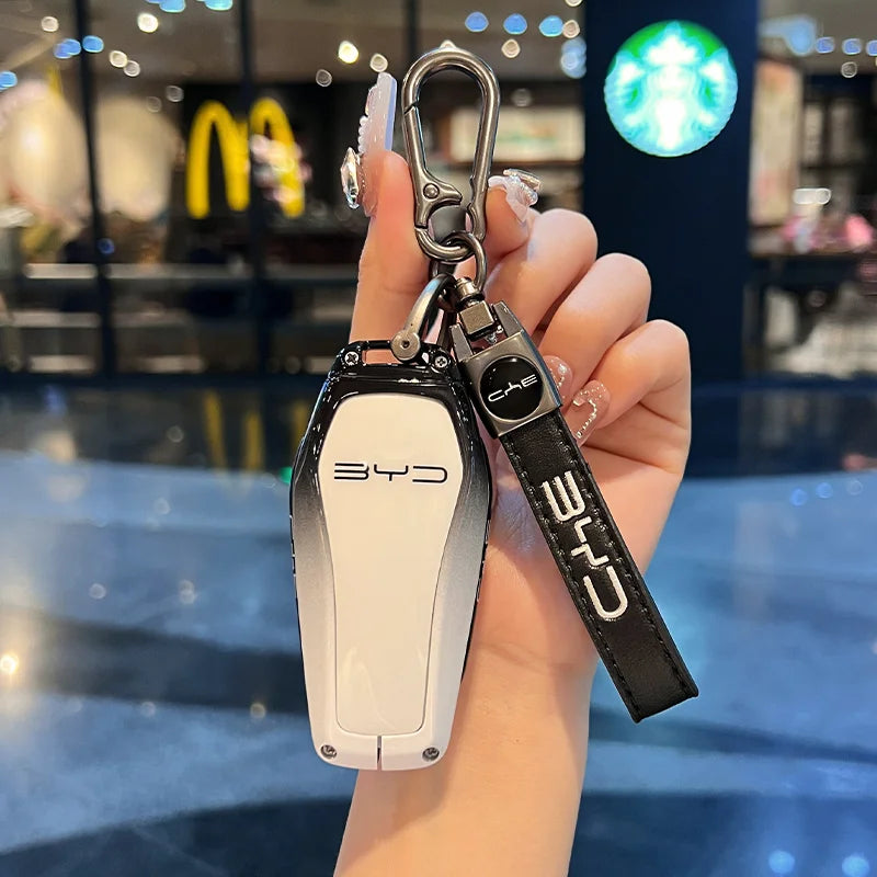Zinc Alloy New Leather Car Key Case Cover Shell Fob For BYD Song Plus Atto 3 Han EV DM Qin Seal Dolphin Protective Auto Keychain