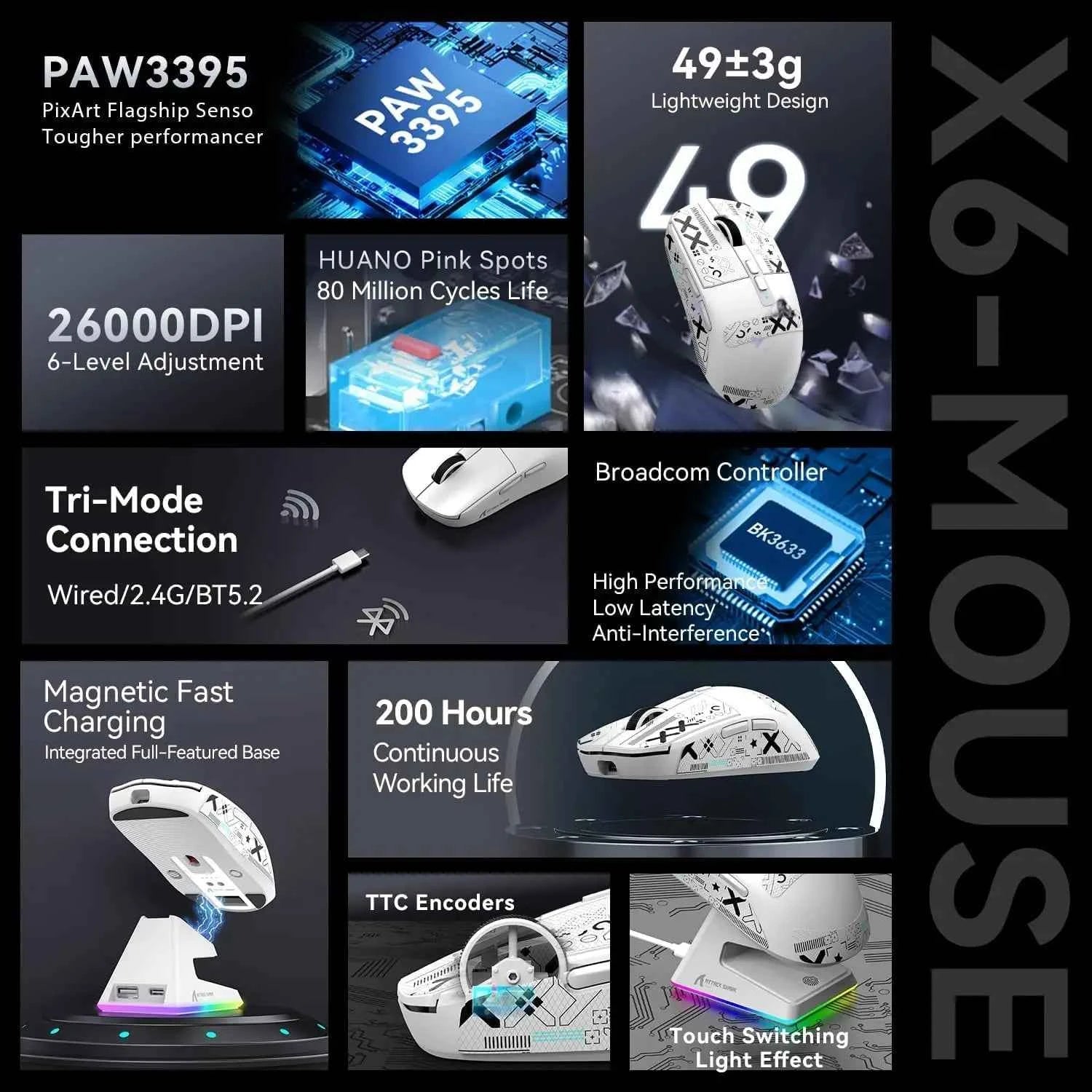 ATTACK SHARK X6 Lightweight Wireless Gaming Mouse with RGB Backlight Charging Base,Tri-Mode,26K DPI, PAW3395 Optical Sensor