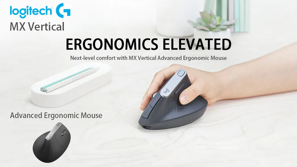 Logitech MX Vertical Wireless Mouse – Ergonomic Design Reduces Muscle Strain, Move Content Between 3 Windows and Apple Computer