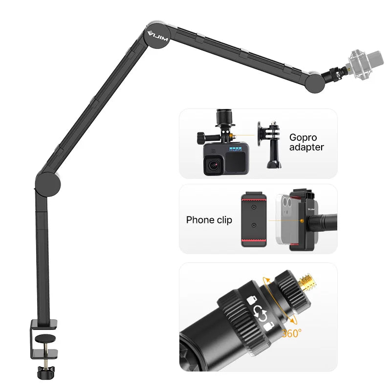 Vijim LS24/LS25 Microphone Boom Arm Stand – Heavy Duty Adjustable Desk Mount for Blue Yeti, DSLR Camera, Smartphone & Streaming Setup