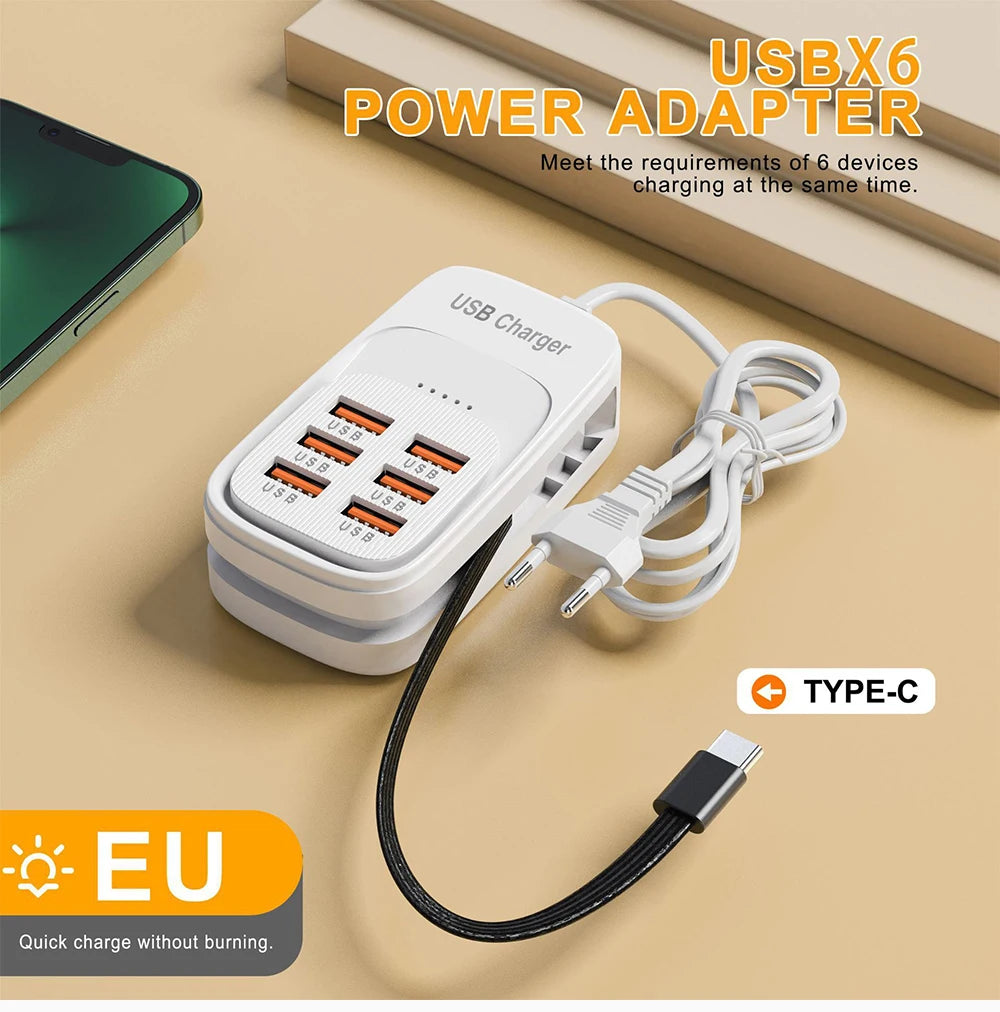 Fast USB Charger 6 in 1 Power Strip Desktop Charging Station Fast Charging Cord EU/UK/US Plug USB HUB Adapter Socket 3PD 3USB iphone charger