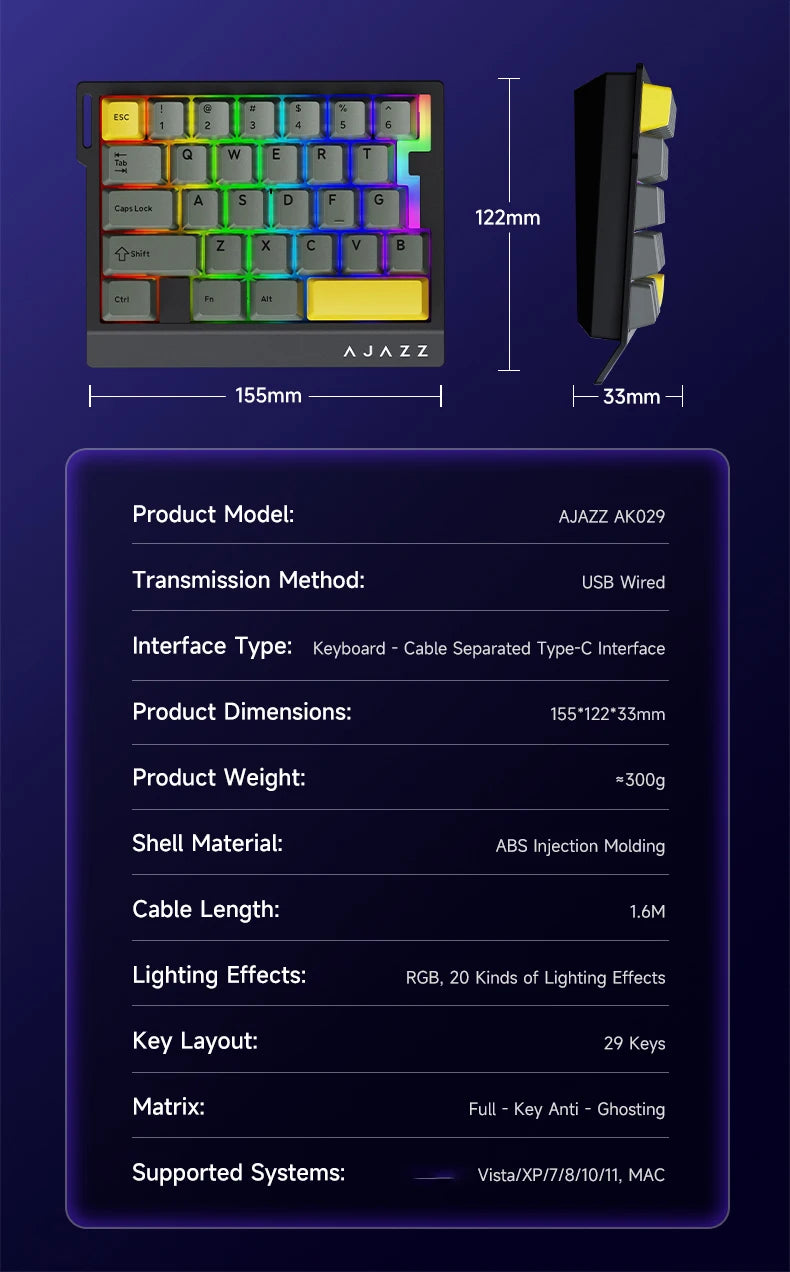 AK029 Wired Gaming Keyboard, 20 RGB Modes, 29 Keys, Hot-Swappable, Aluminum Panel