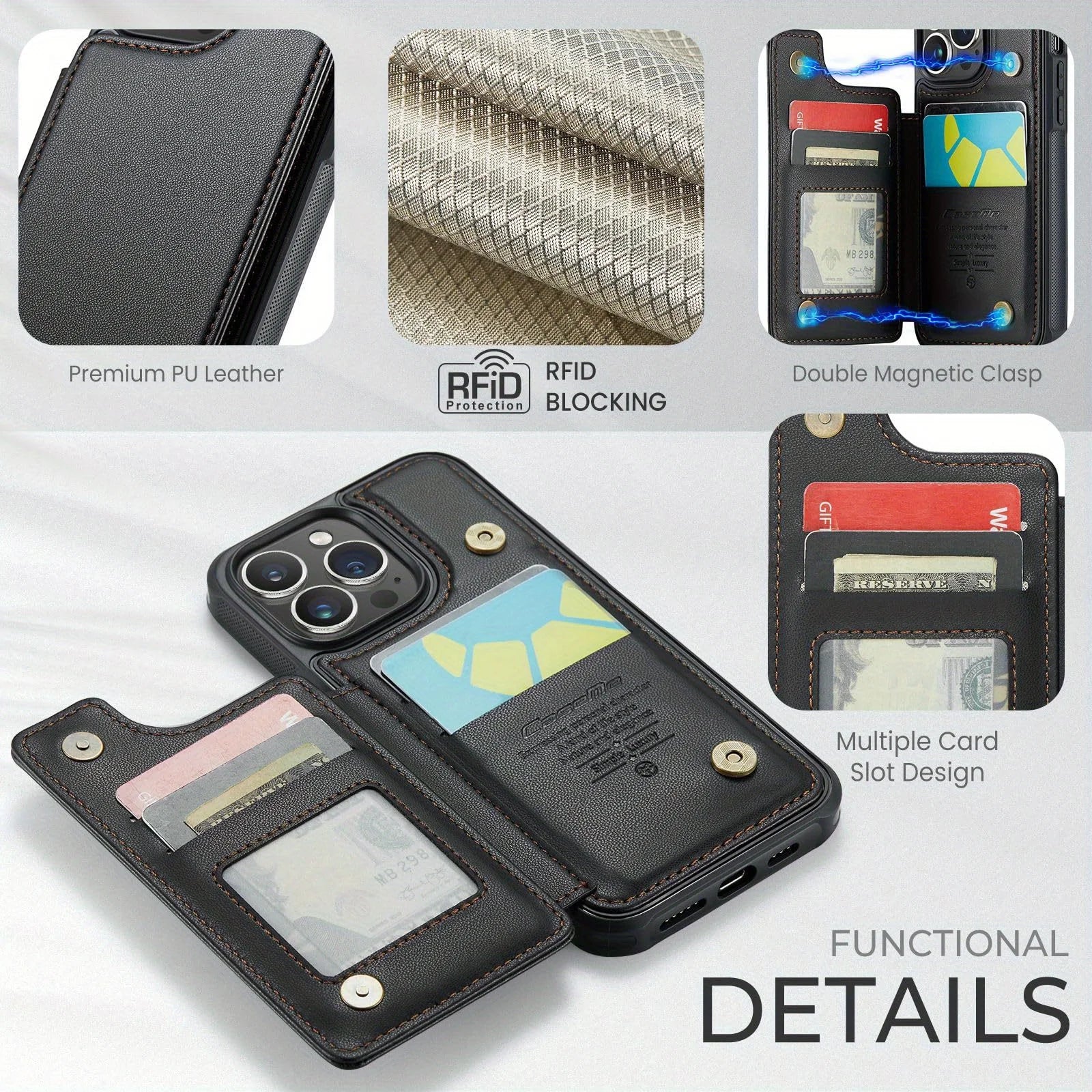 for iPhone 15 Plus 14 13 Pro Max 11 Case with Card Holder,RFID Blocking,Durable Leather Kickstand Magnetic Clasp Shockproof Case