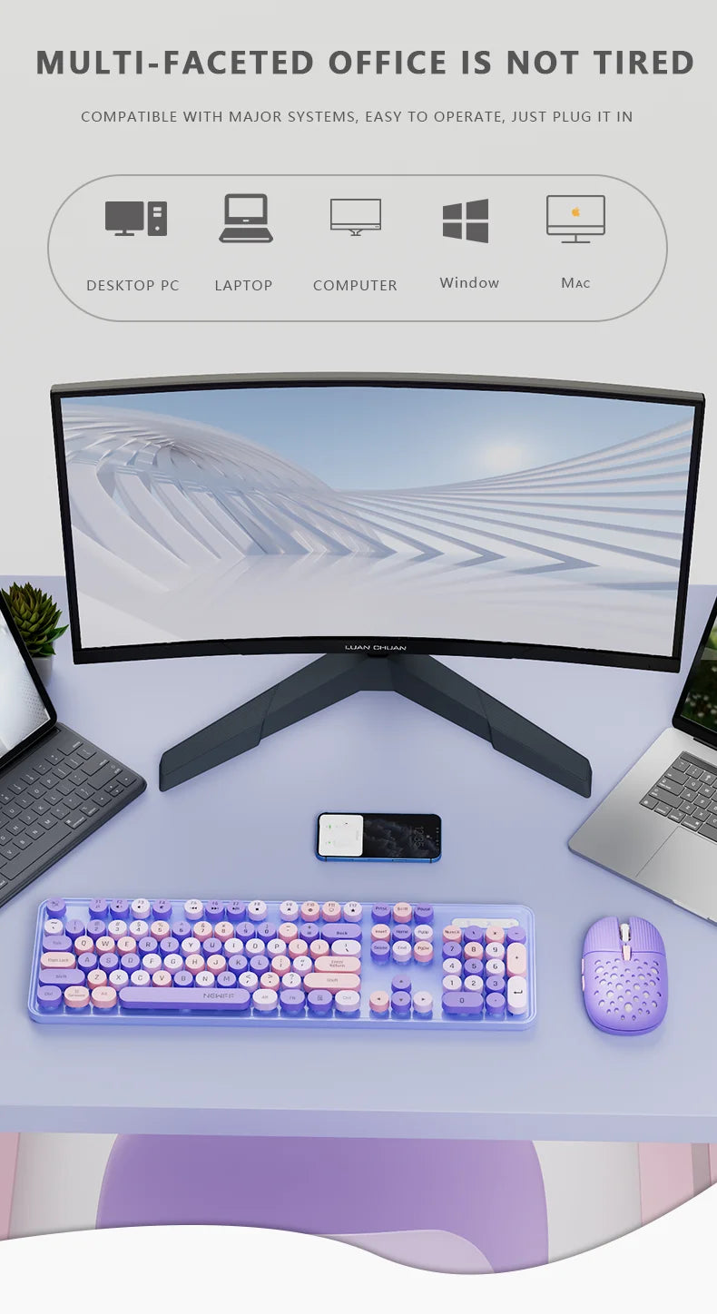 104 Keys 2.4G Wireless Gaming Keyboard and Mouse Combo,Cute Retro Round Keycap Ergonomic Keyboard,With Multimedia function keys