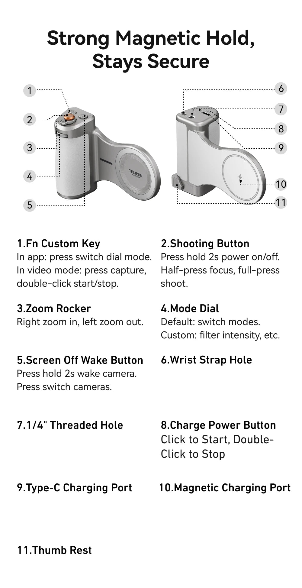TELESIN Magnetic Phone Camera Shoot Hand Grip 3200Mha Powerbank Wireless Charging Phone Holder Shooting Aid for Iphone Andriod
