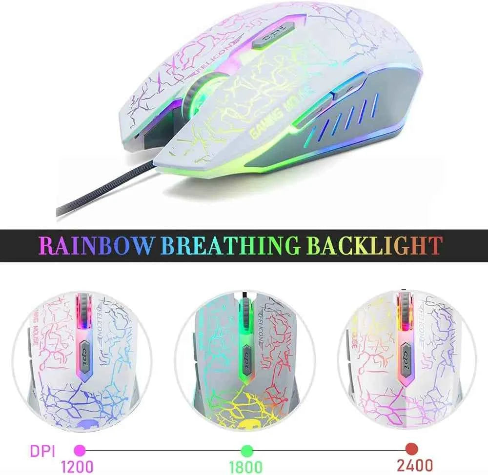 MAMBASNAKE T11 5-IN-1 Wired Rainbow LED Backlit Keyboard and Mouse, Over Ear Headphone with Mic, Gaming Mice and Pad, Speaker