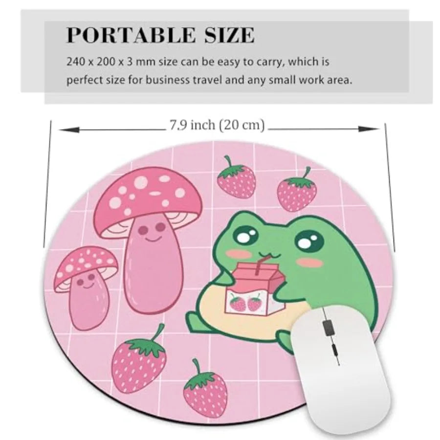 Pink Kawaii Frog Cute Round Mouse Pad Mushroom Strawberry Circle Mousepad Desk Mat Aesthetic Preppy Women Office Small Accessor