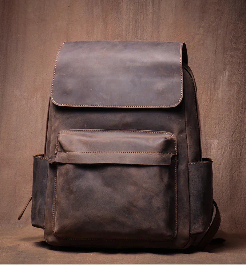 LUOKIR Genuine Leather Laptop Backpack 15 Inch – Vintage Crazy Horse Cowhide Business Travel Backpack for Men, Luxury School Computer Bag