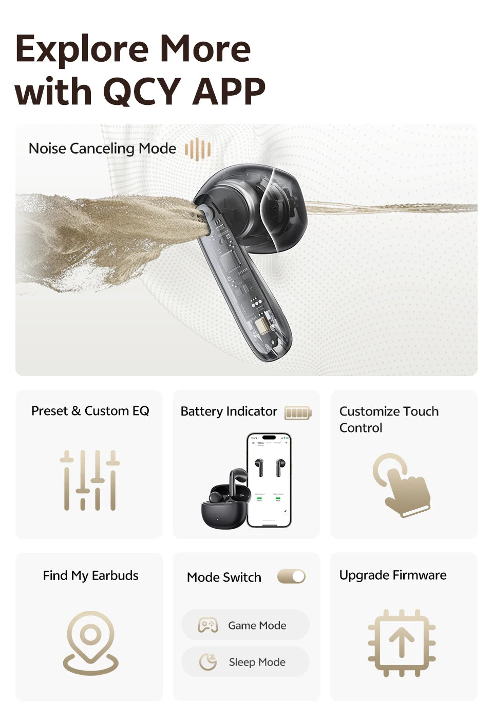 QCY AilyBuds E50 HT11 Wireless Earphones Hi-Res Adaptive Hybrid ANC Headphone Bluetooth 6.0 Spatial Sound Earbuds 11mm Drivers