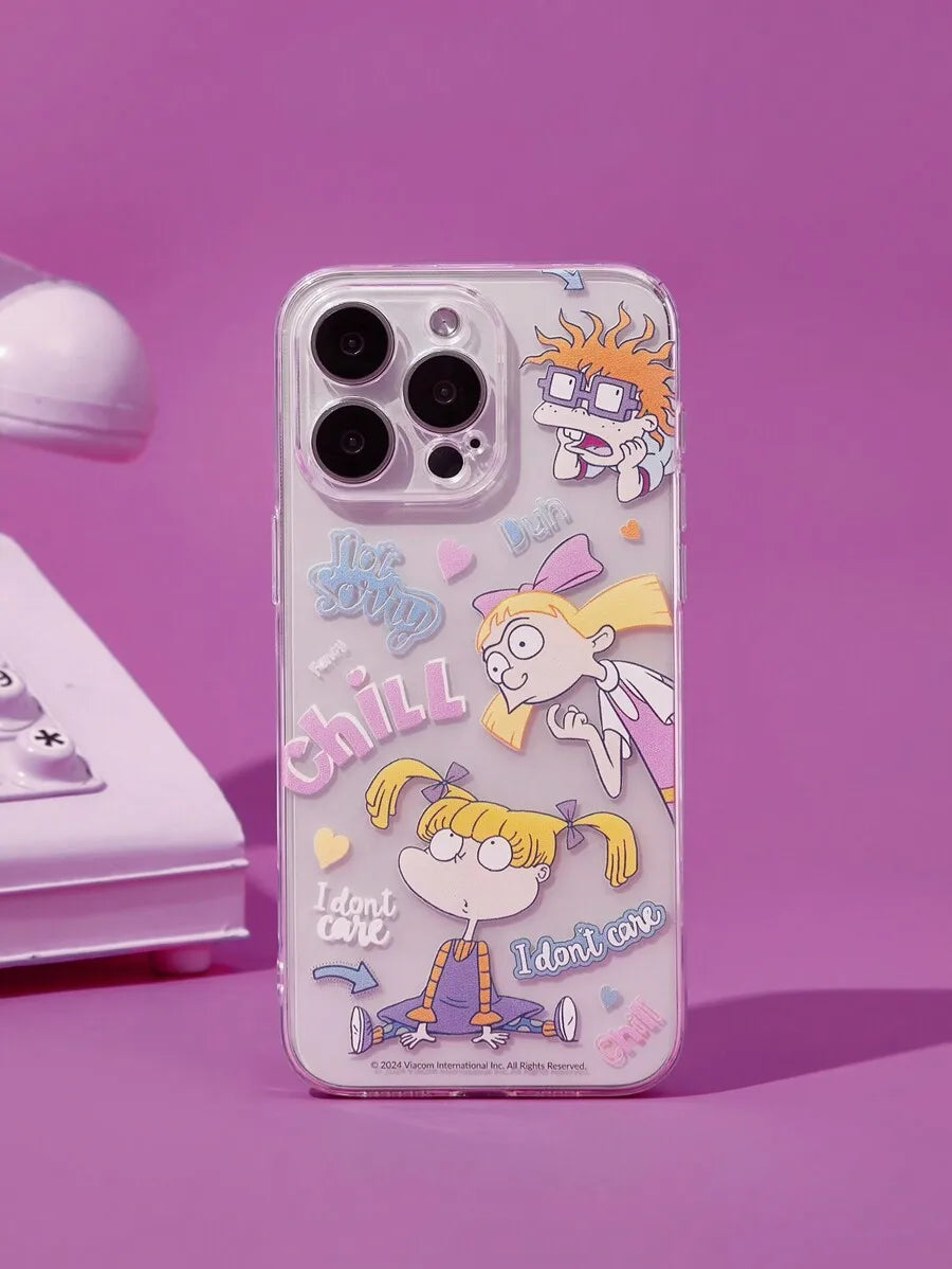 Transparent Pink Cartoon-Style Phone Case with Chill Graphic Design for iPhone