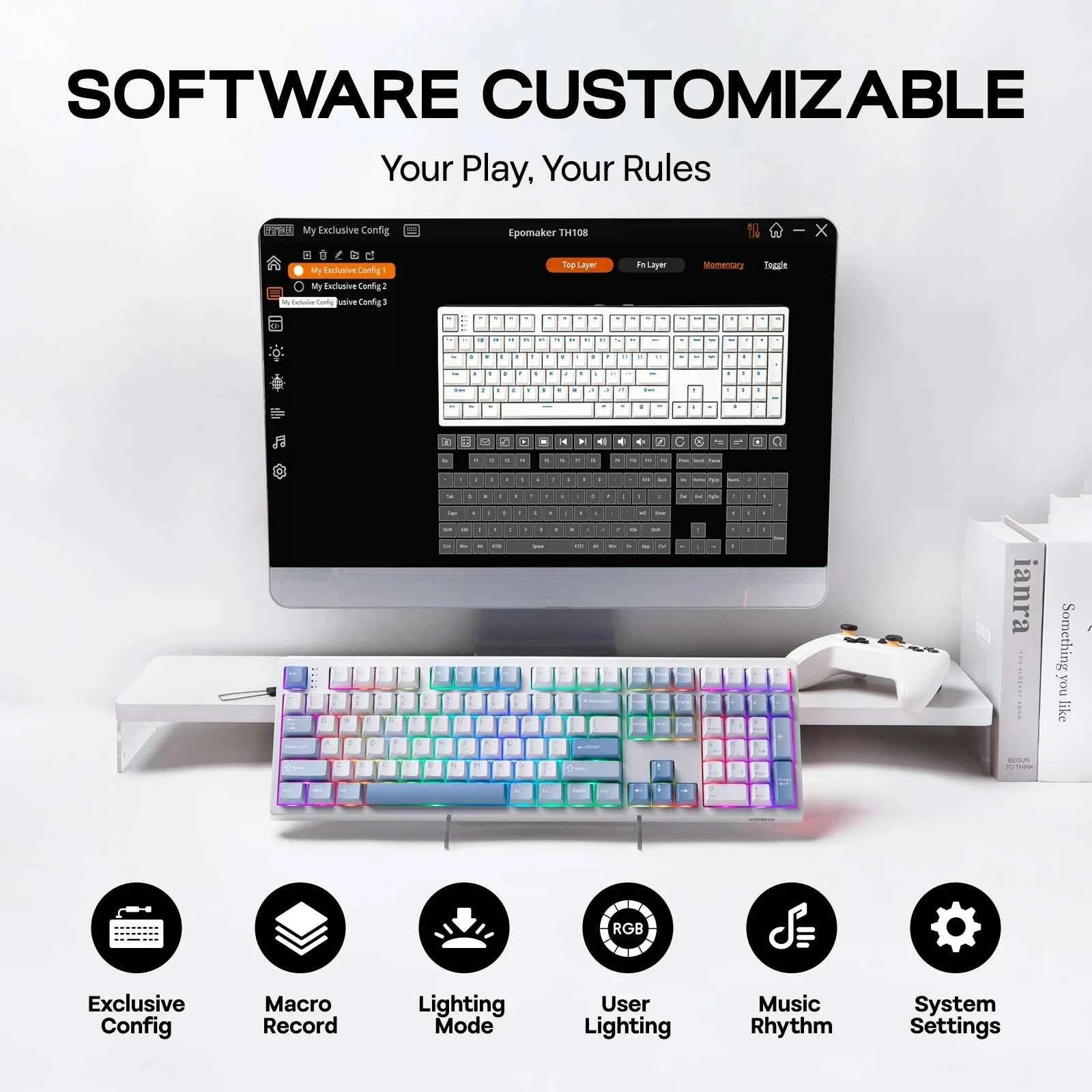 EPOMAKER TH108 100% Full Size Gasket Wired/BT/2.4Ghz Wireless NKRO Mechanical Gaming Keyboard 10000mAh Battery RGB Backlit