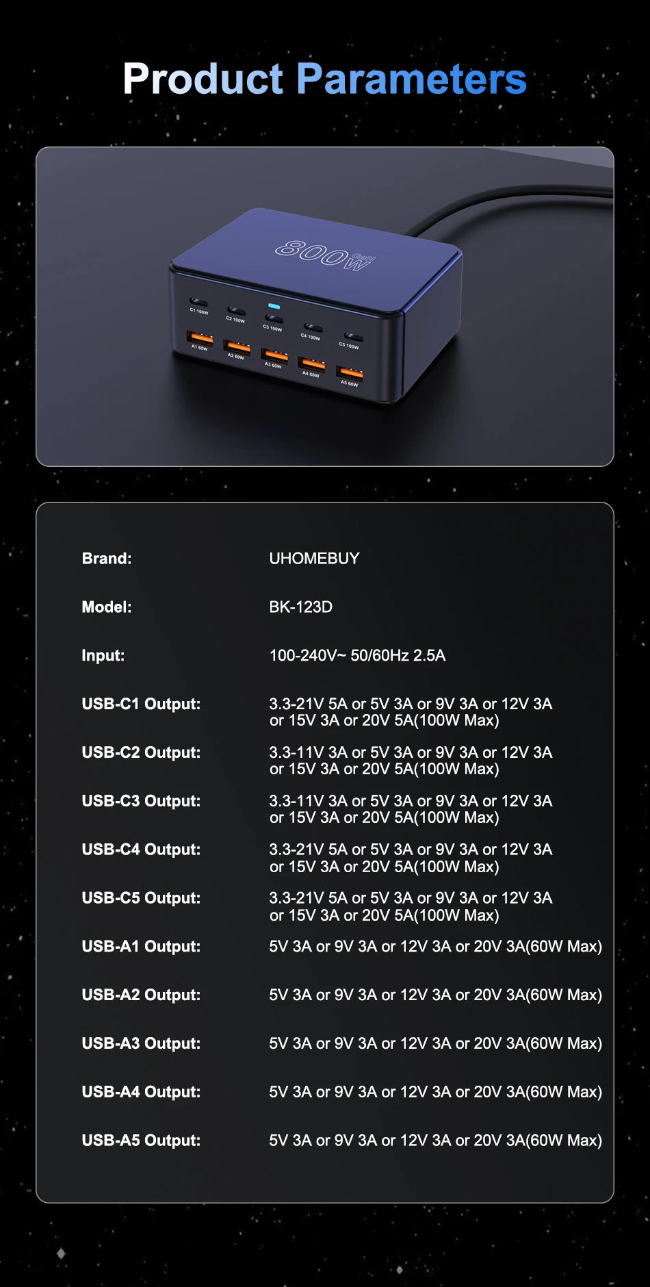 800W USB C GaN Charger 100W PD3.0 PPS QC3.0 Multiport Fast Charging Station for iPhone 15 16 Samsung Macbook Pro Laptops Tablets