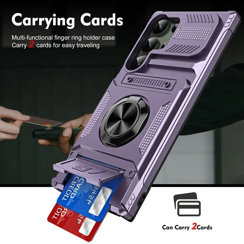 Card slot phone case for Samsung S25 Ultra Edge S23 S24 Plus FE A56 A55,with magnetic rotating ring holder, thickened shockproof