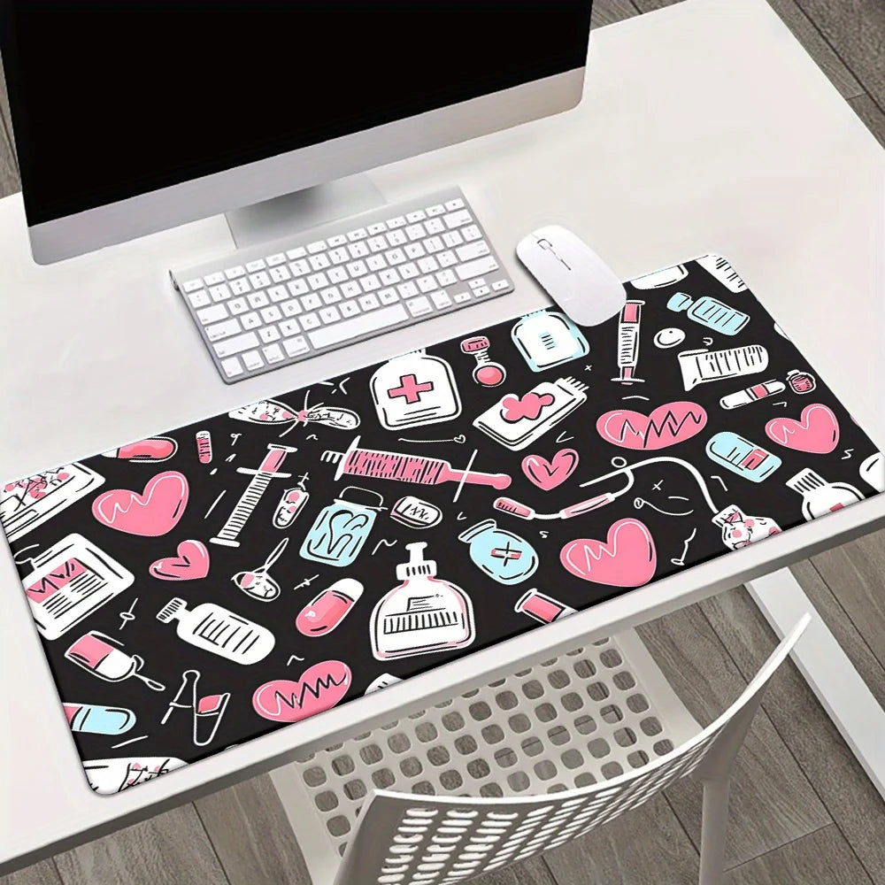 One Pink Gaming Mouse Pad with a Medical Theme, Featuring a Design of Stethoscopes, Bottles, And Hearts. It'S a Soft Rubber Desk Mat Suitable for Office, PC