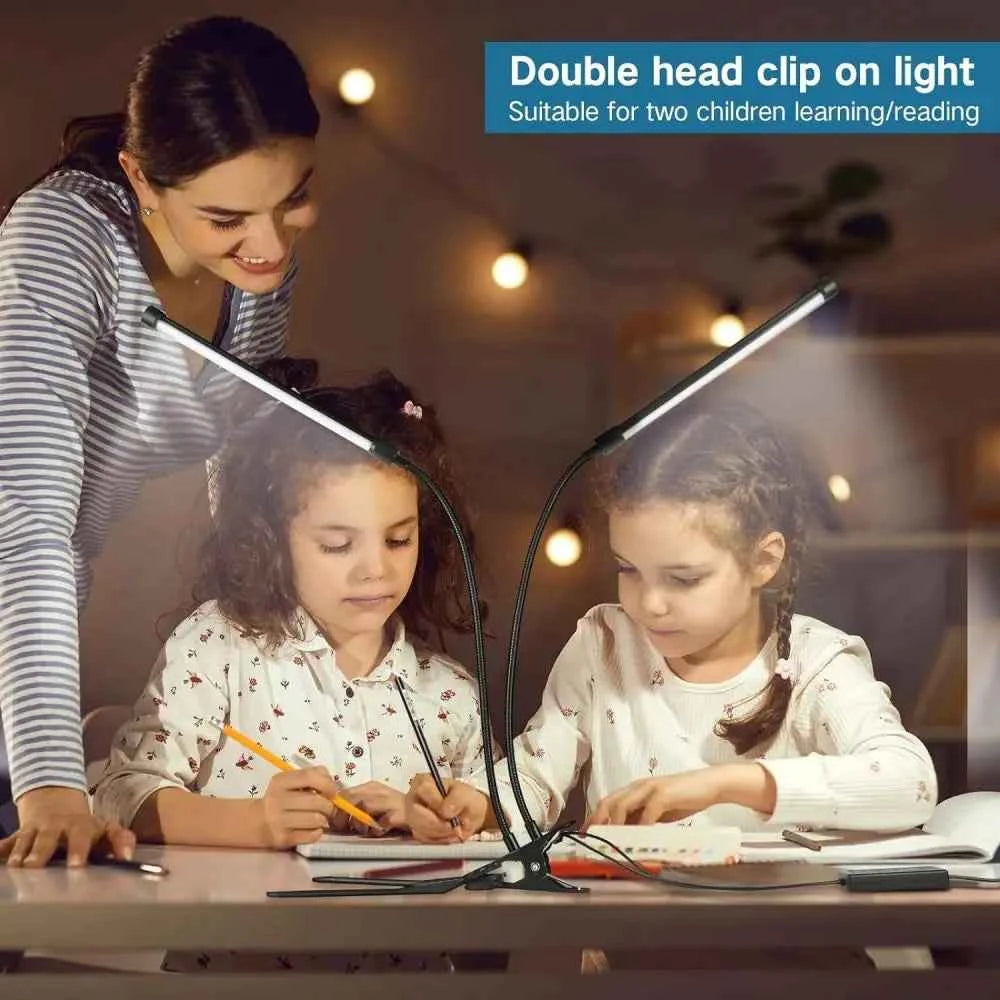 LED Desk Lamp Double/Single Head Reading Table Lamp With Clip Dimmable Brightness For Home Study Office Lighting PC Eye Protect