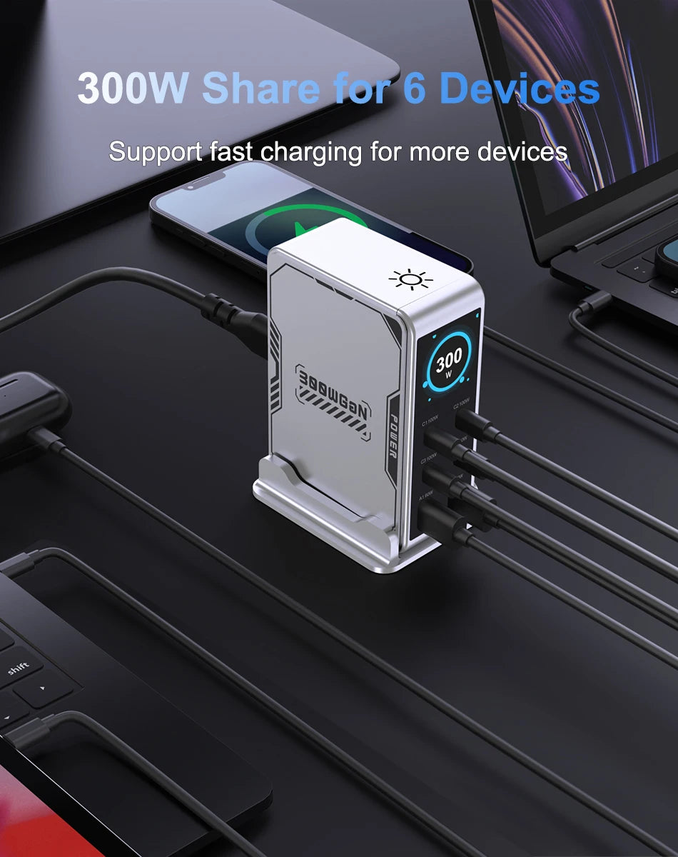 300W USB C Charger,6 Ports USB Charging Station,GaN 100W PD Laptop Fast Charger Adapter Desktop Charger Station with LCD Display for MacBook iPad iPhone Samsung