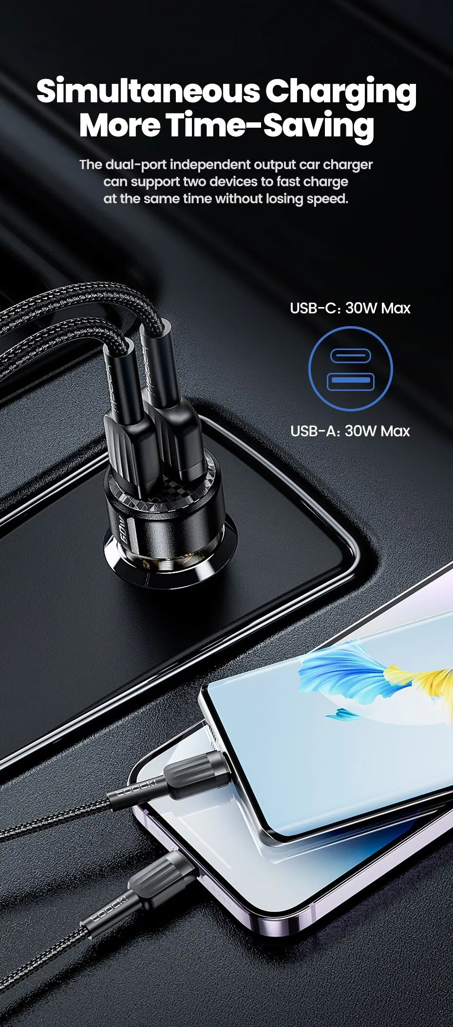 Toocki 60W Car Charger 30W Quick Charge Transparent Case PD 27W for iPhone 15 14 13 12 Xiaomi Poco Samsung Fast Charger Charging