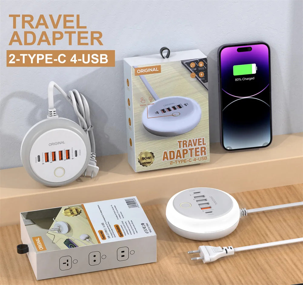 Multi Ports PD Type C Fast Charging Wall Charger 50W USB Charger USB Hub For Samsung iPhone Xiaomi EU/US/UK Plug Phone Charger