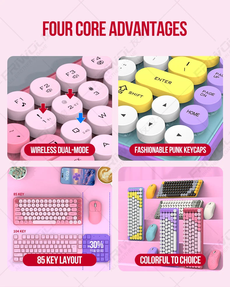 Friwol BT185 Bluetooth Wireless Keyboard Mouse Set Punk Keycap Laptop Desktop Office Mute Keyboard Mechanical Feel