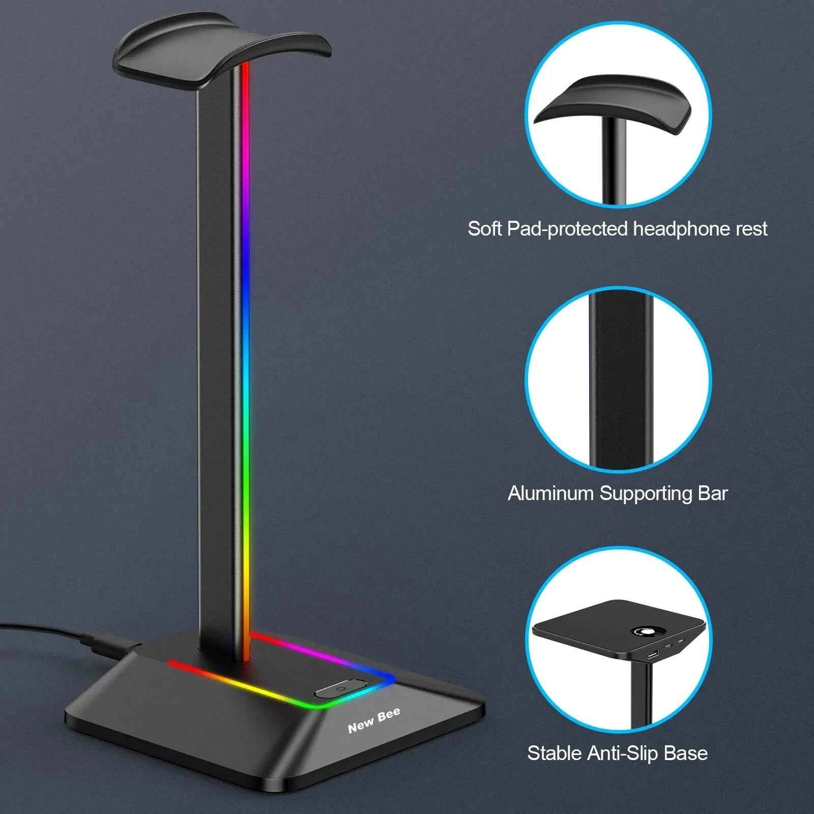 New Bee Z8 RGB Headphones Stand Holder – Desk Gaming Headset Organizer with USB Ports