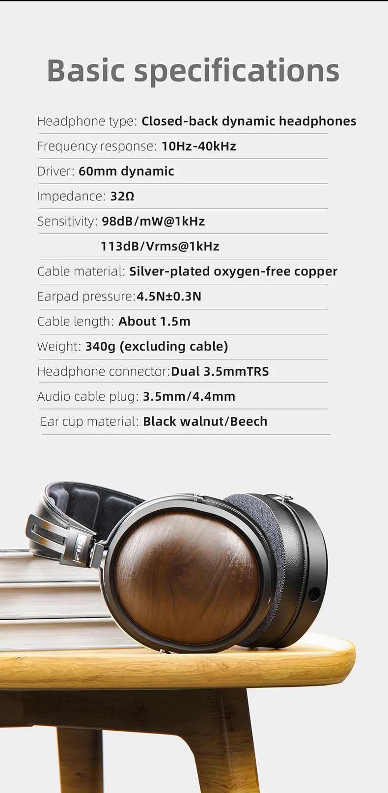 FiiO FT1-New version Closed-Back Over-Ear  Fiber Composite Diaphragm Wired Hi-Fi Headphones, American walnut Ear Cups for Studio