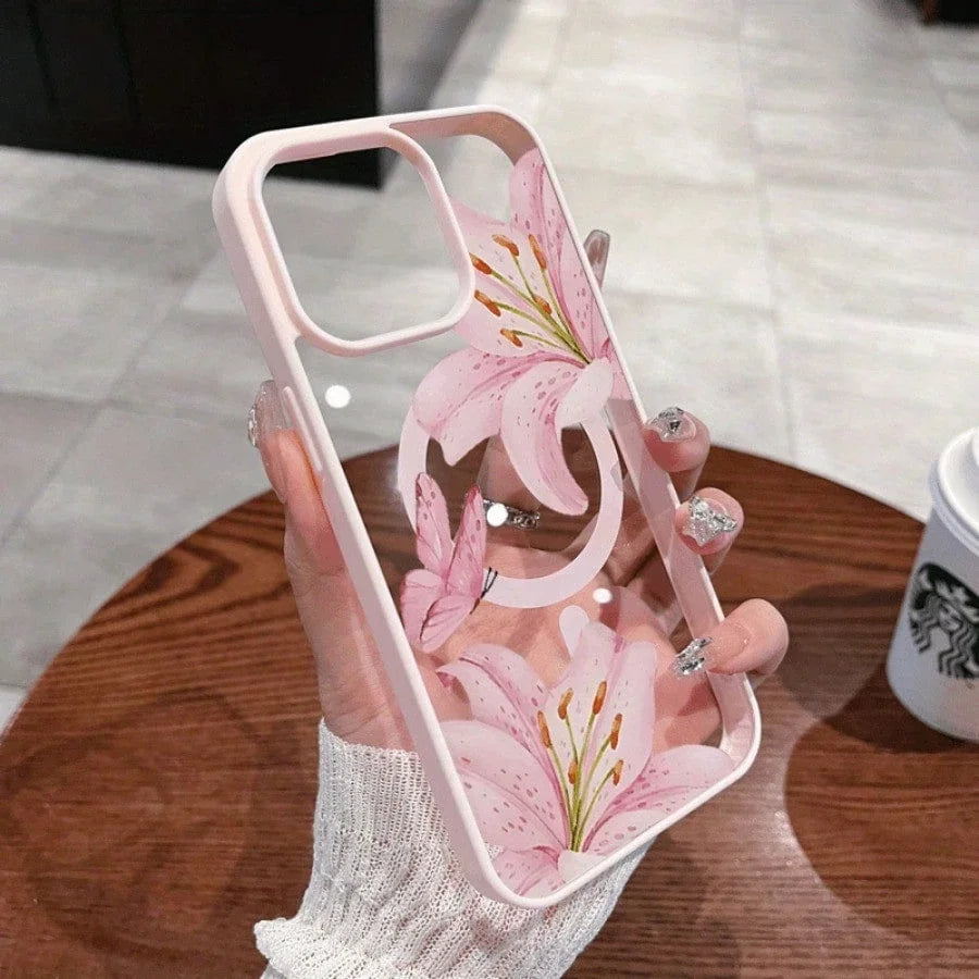 Pink Lily Magnetic Phone Case For iPhone 17 16 15 14 13 12 11Pro Max Plus It features a stylish pattern design