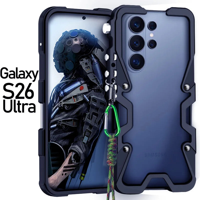 Luxury Armor Metal Aluminum Phone Bumper For Samsung Galaxy S26 S25 S24 Ultra + FE Cover Mechanical Purely Handmade Skull Case