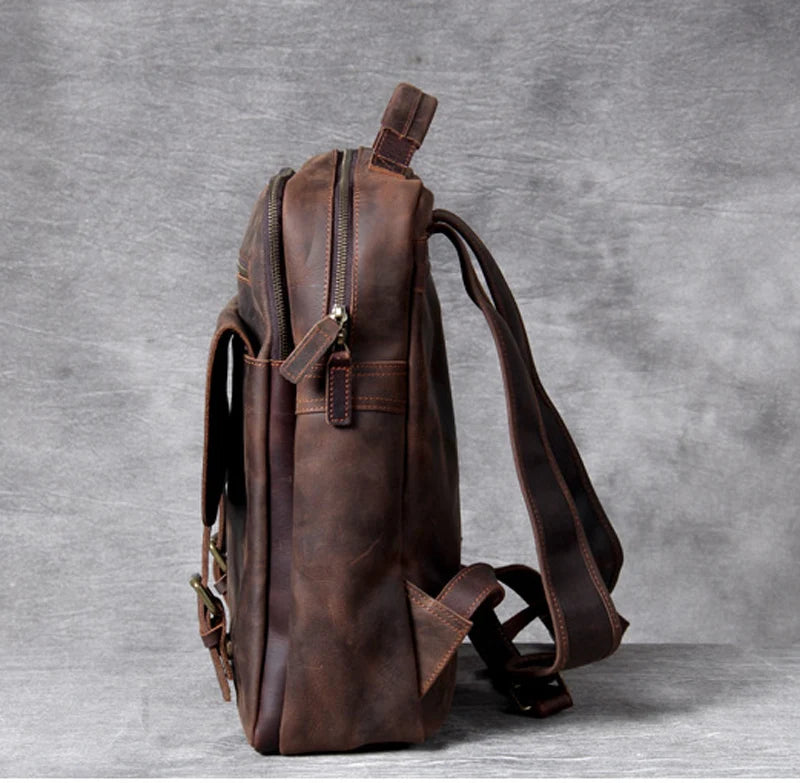 Vintage Crazy Horse Genuine Leather Backpack Men Bagpack Cowhide Hiking Backpack 17