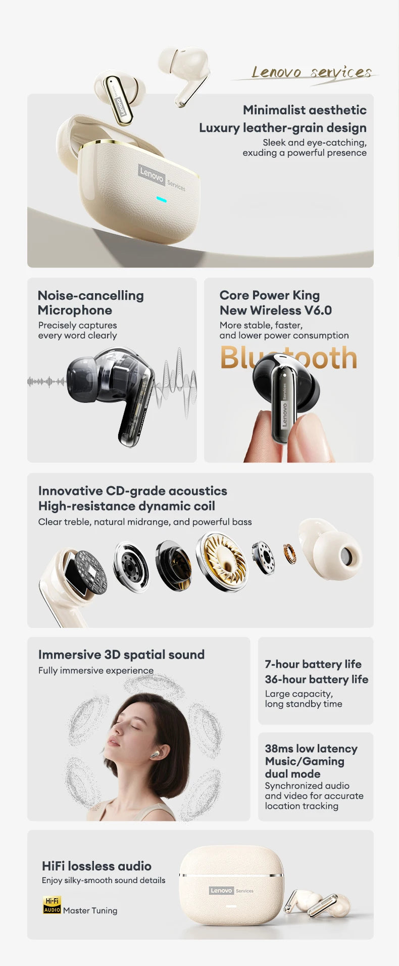 Lenovo LE208 Bluetooth V6.0 Earphones ENC Noise Cancelling Wireless Headphone Low Latency Gaming Music Earbuds HD Call With Mic