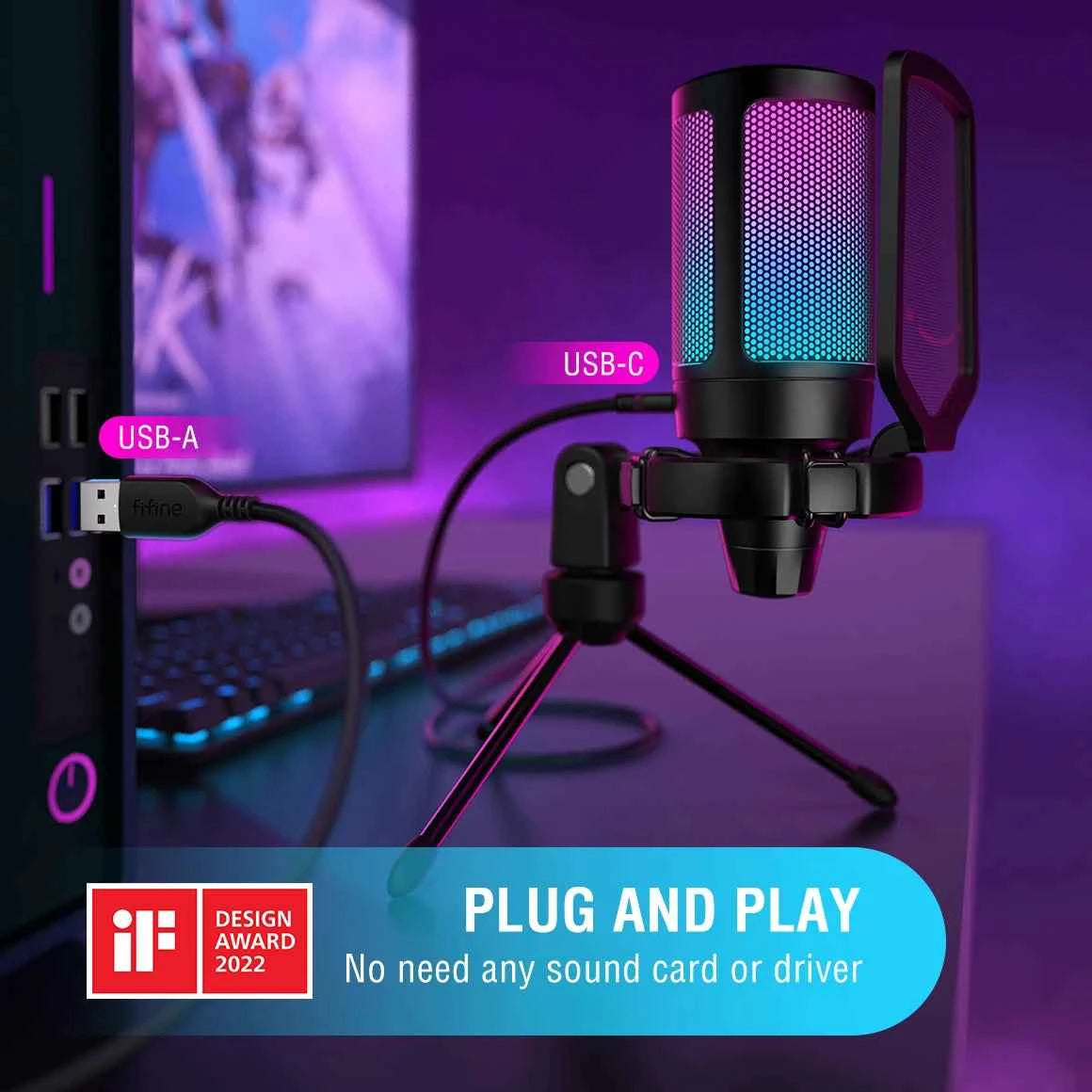 FIFINE Ampligame USB Microphone for Gaming Streaming with Pop Filter Shock Mount&Gain Control,Condenser Mic for PC/MAC