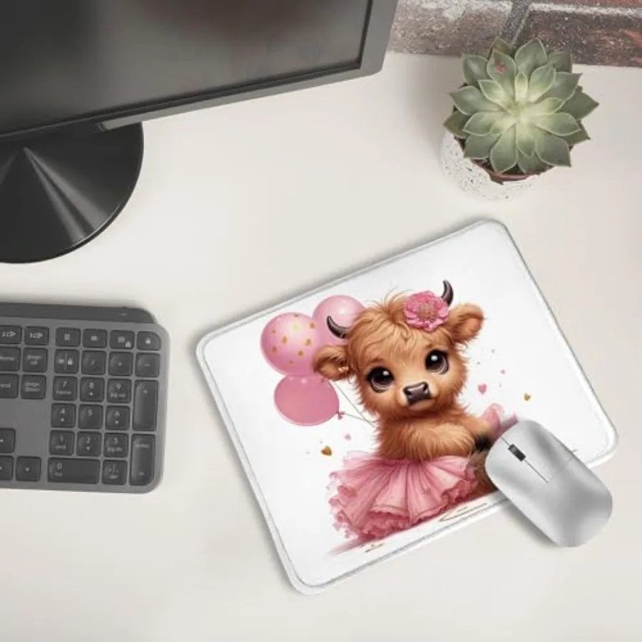 Cute Baby Highland Cow Mouse Pad, Girly Highland Cow Heifer with Balloon Mouse Pads Mousepad for Work Gaming Computers Laptop D