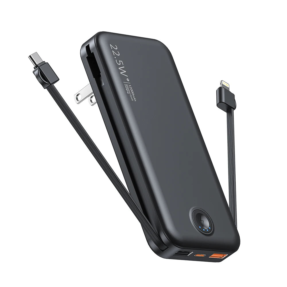 Portable Charger for iPhone Built in Cables and Wall Plug,12000mAh Slim Fast Charging USB C Power Bank,Travel Essential