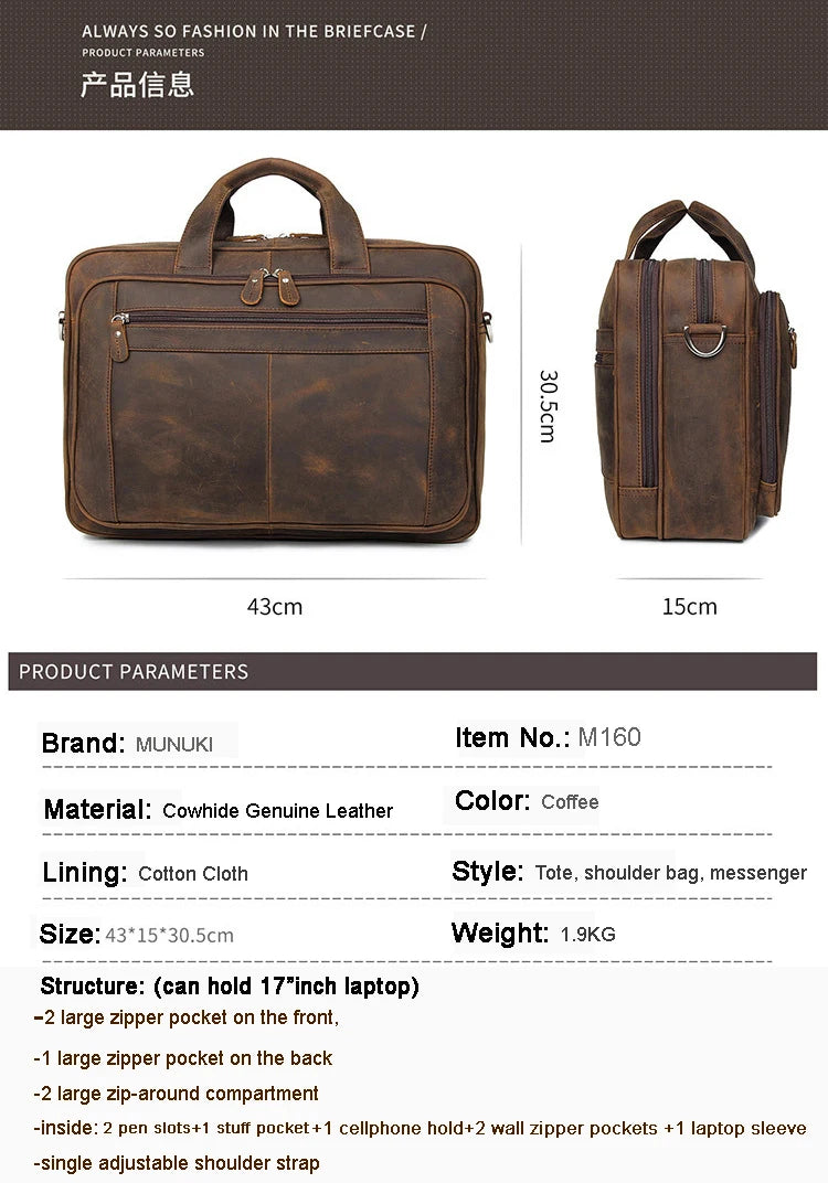 High Quality Genuine Leather Men Briefcase Business bag Crazy Horse Leather Large 17